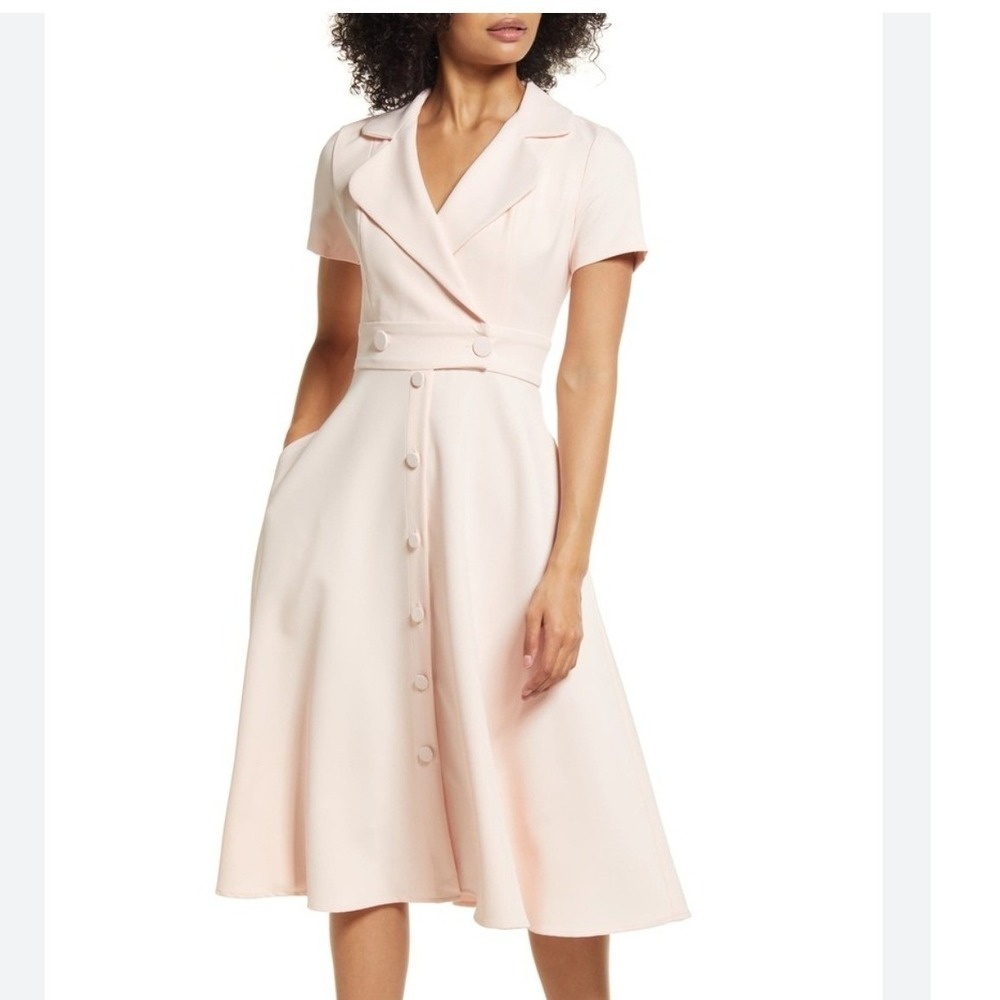 Black Halo Princeton Dress Pale Pink Short Sleeve Button Front Trench Midi 6